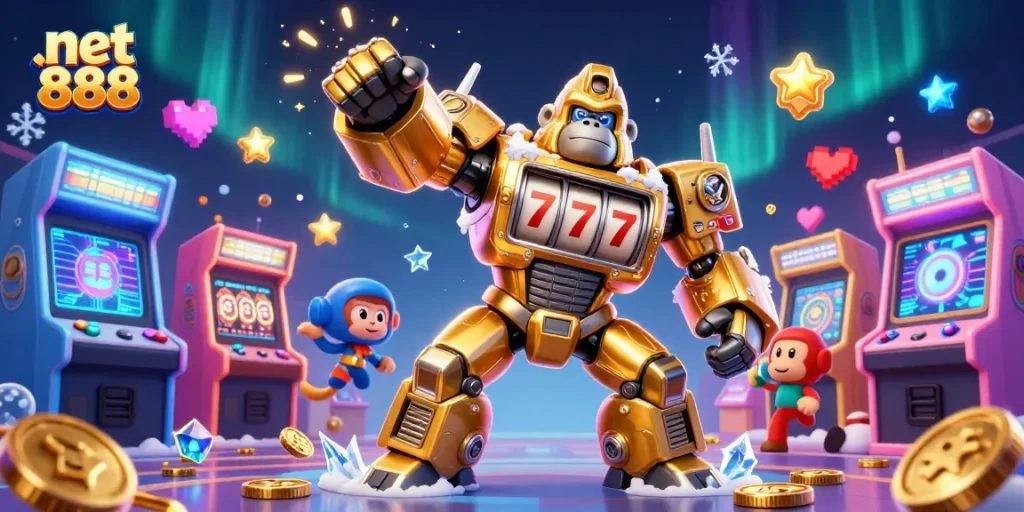 Experience thrilling action with the net 888 golden gorilla mech amidst vibrant arcade elements.