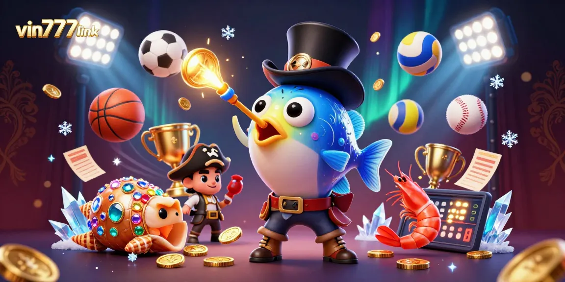 A 3D cartoon illustration of vin777link's deep-sea anglerfish attracting golden coins amidst sports balls, symbolizing dynamic online betting.