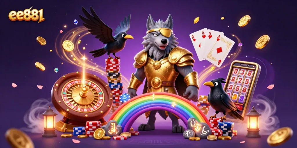 Experience the excitement of gambling with the engaging ee881 character scene filled with casino elements and magic.
