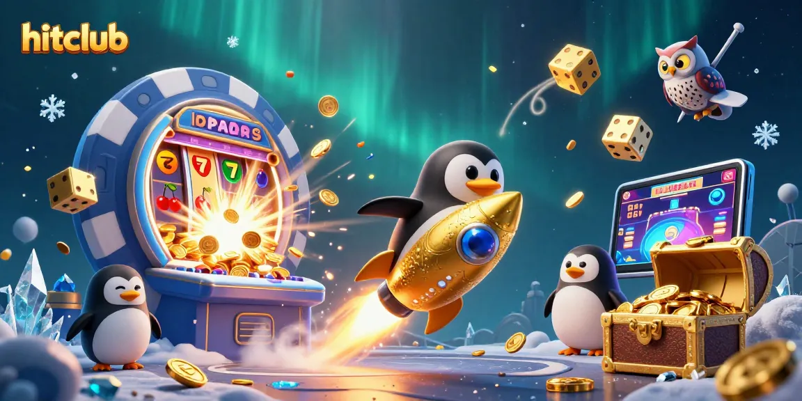 Engage with hitclub's thrilling casino adventure through a golden penguin navigating a vibrant gaming universe.