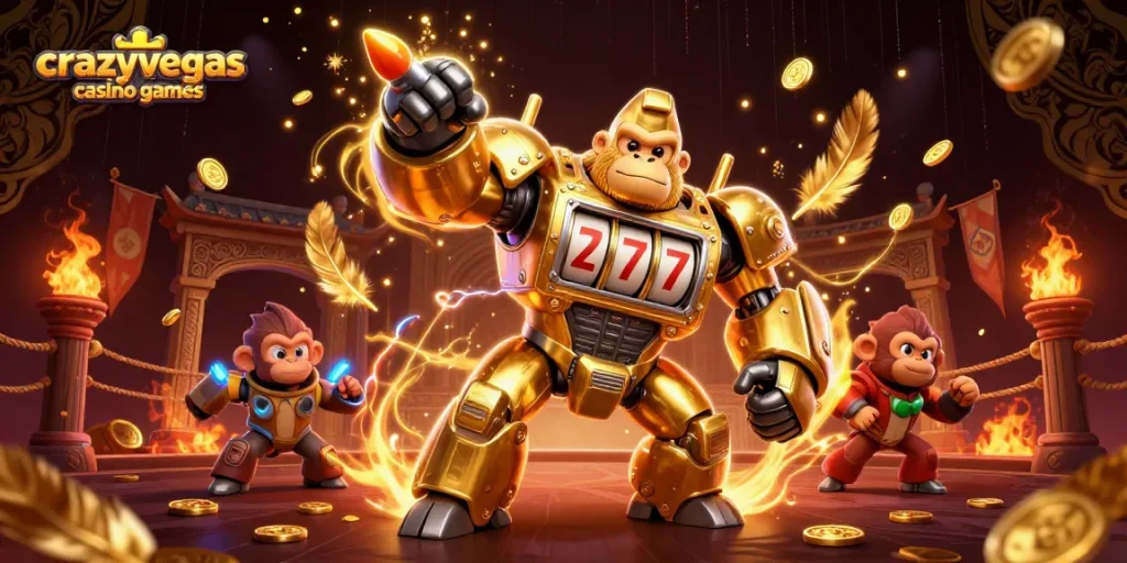 Engage with dynamic crazyvegas casino games featuring an epic golden gorilla mech in action.