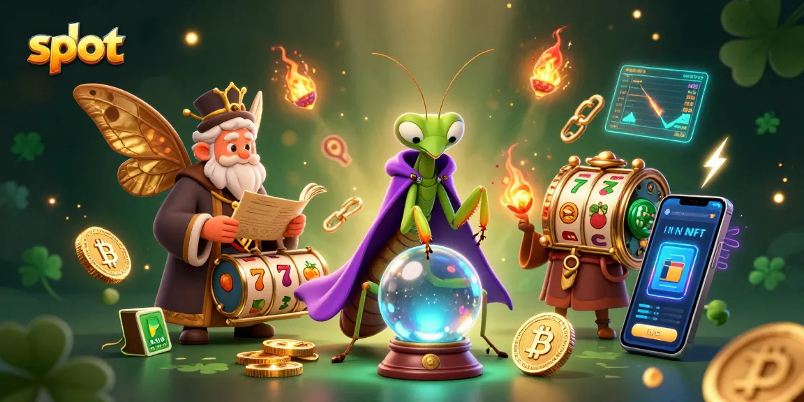 Spin the slot reels with a whimsical mantis fortune teller and moth librarian in this vibrant casino scene.