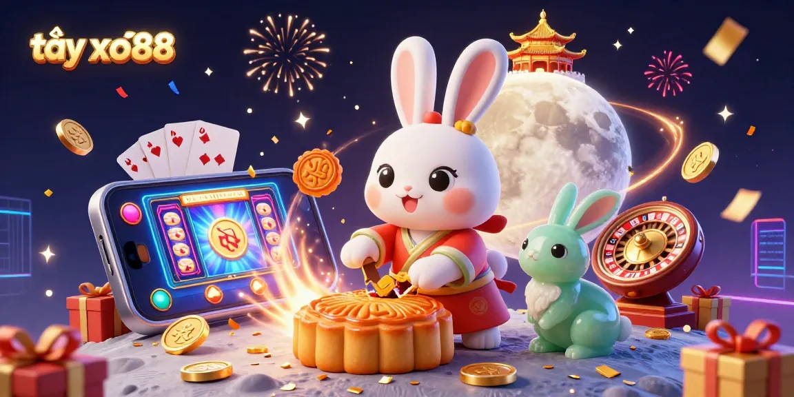 Play exciting games at tại xo88 with a vibrant moon rabbit scene featuring poker chips and slot game action.