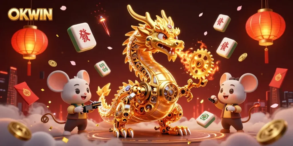 Engage with the OKWIN universe through a vibrant 3D casino scene featuring a golden dragon and festive elements.