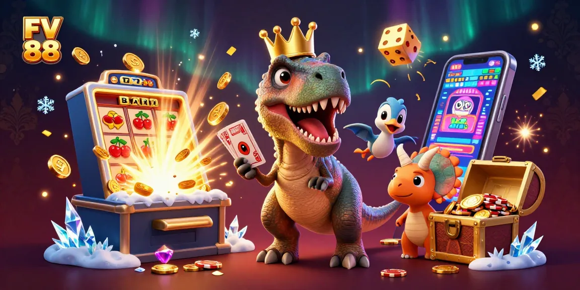 Experience the vibrant energy of FV 88 with a T-Rex shuffling cards amidst a jackpot explosion.