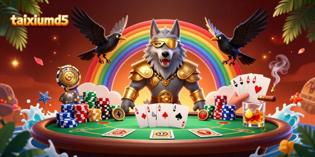 Engage with taixiumd5 in a vivid 3D illustration showcasing epic gambling elements and characters.