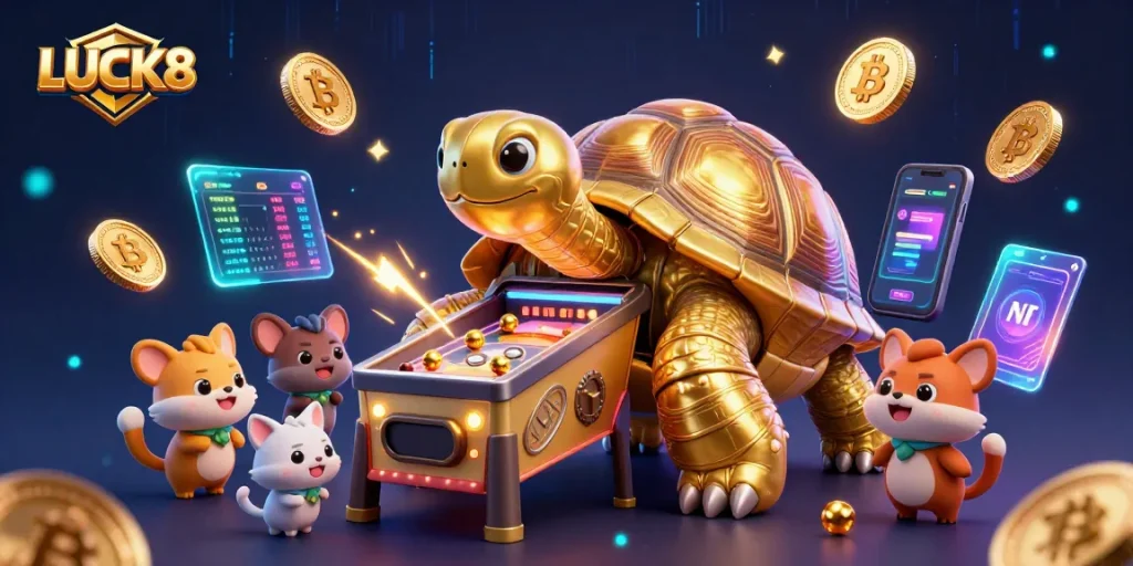 LUCK8 offers an exciting scene of a colossal golden tortoise playing a pinball machine amid crypto elements.