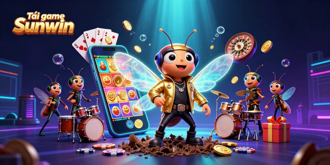 Tải game Sunwin with vibrant slot symbols and animated characters in a dynamic casino scene.