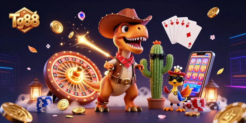 Engage with Tg88 at an exciting casino where cartoon characters play with golden coins and jewels.