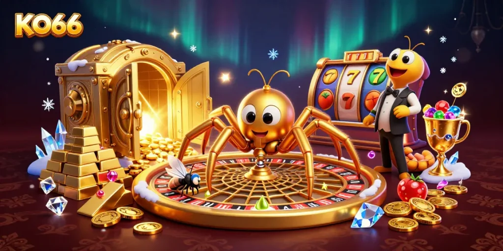 Engage with KO66 in an exhilarating 3D casino scene featuring a roulette wheel web.