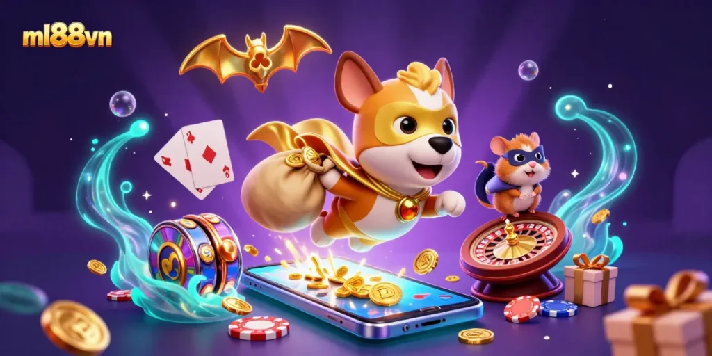 Experience the thrill of ml88vn with a cartoon superhero dog and hamster amidst vibrant casino elements.