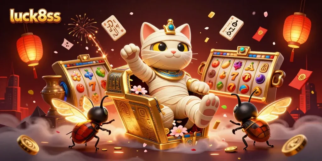 Engage in thrilling wins with luck8ss in a vibrant 3D casino illustrated scene featuring a mummy cat.