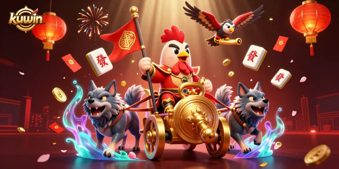 Kuwin offers exciting gaming with a rooster warlord and golden elements in a vibrant casino scene.