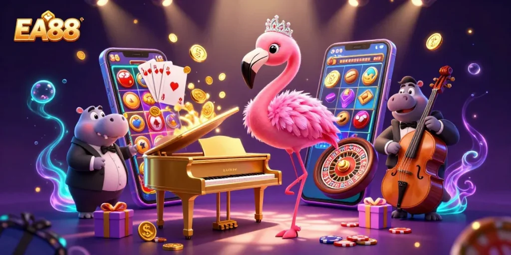 Experience EA88's vibrant casino atmosphere, featuring animated characters and rich gaming visuals.