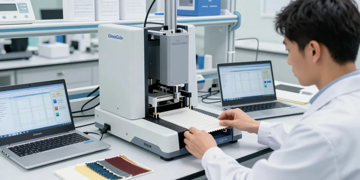 Technician conducting a tear resistance test with the ElmenGuide Elmendorf Tear Tester in a modern lab, showcasing precision in material testing.