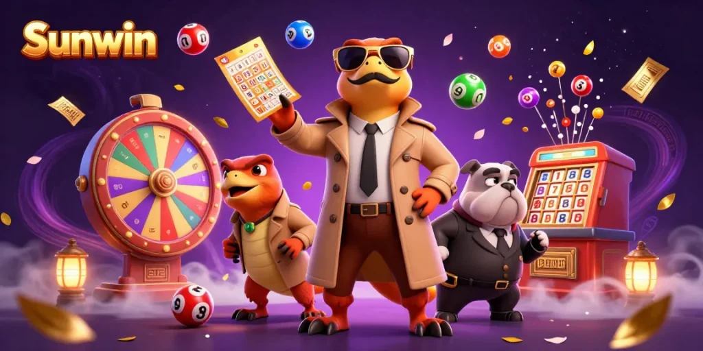Experience thrilling gaming action with Sunwin in a vibrant casino illustration featuring playful raptors.