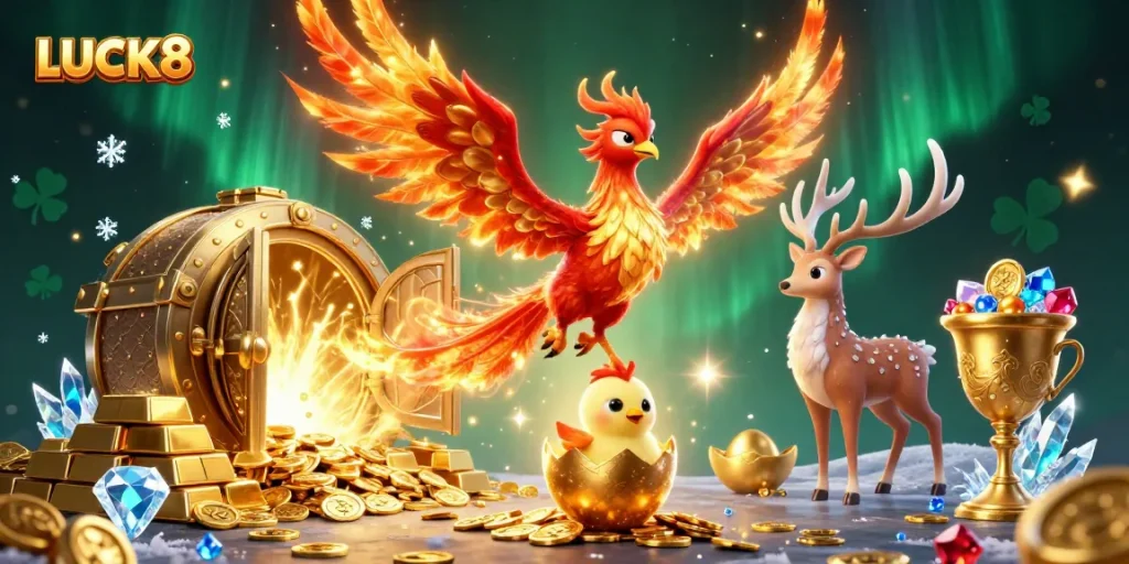 Experience the thrill of LUCK8 with vibrant phoenix, jewels, and gold in a captivating casino scene.