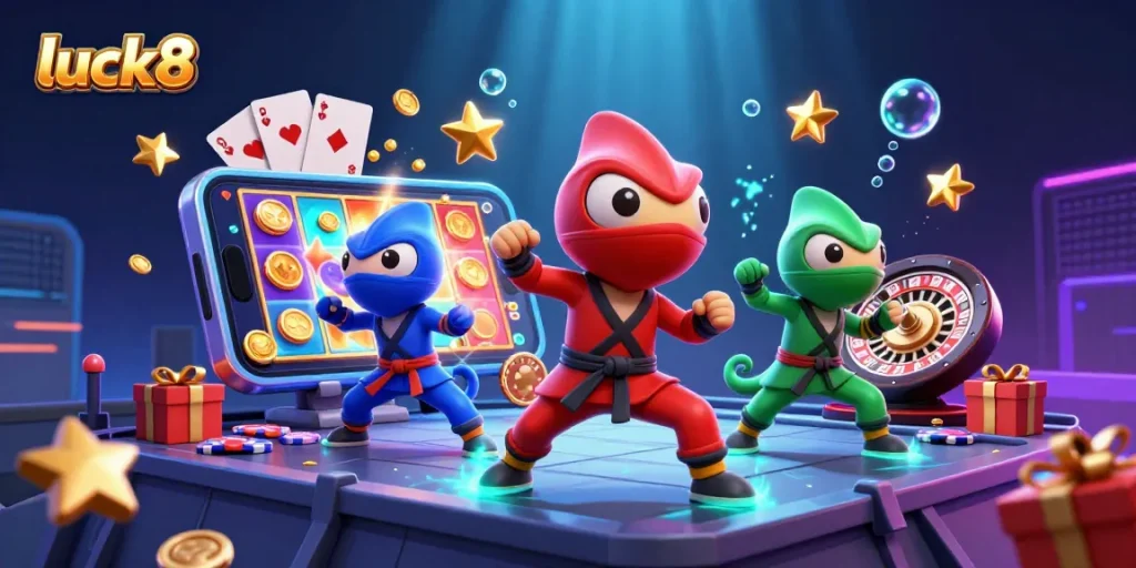 Engage with dynamic luck8 gaming experiences through a 3D illustration featuring chameleons and vibrant casino elements.