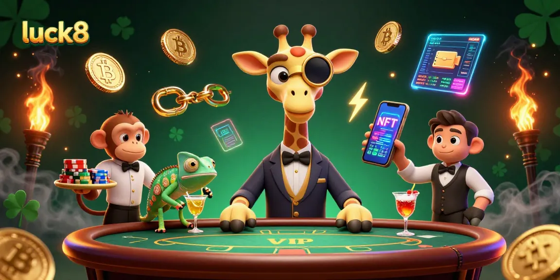 Engage with luck8's thrilling casino action featuring vibrant characters and golden cocktails.
