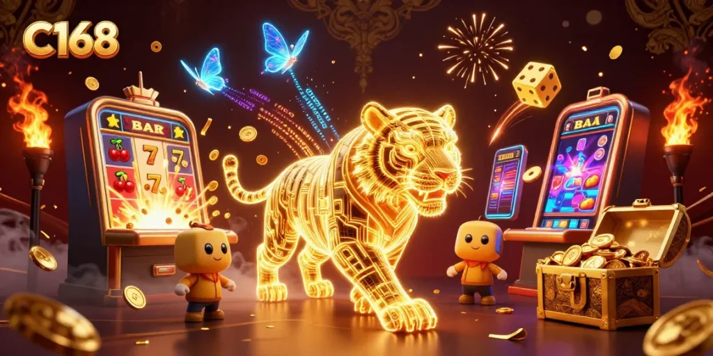 Join C168's vibrant casino adventure with a neon tiger, jackpots, and exciting game elements.
