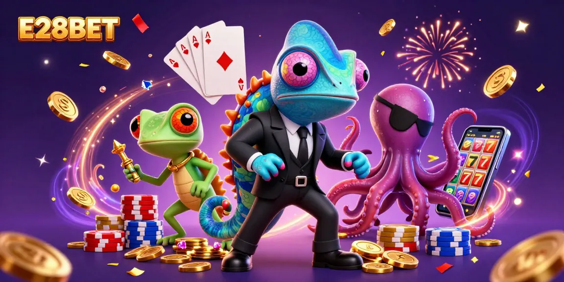E28BET engages gamers with vibrant 3D casino elements and dynamic characters in a lively gambling environment.