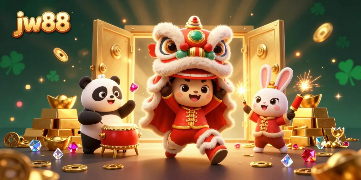 Experience thrilling games at jw88 with vibrant elements and festive characters celebrating fortune.