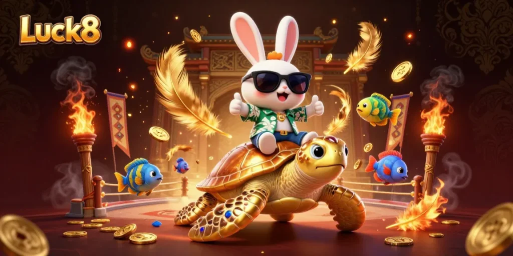 Experience Luck8's vibrant gaming world with a lucky rabbit, golden turtle, and dynamic casino elements.