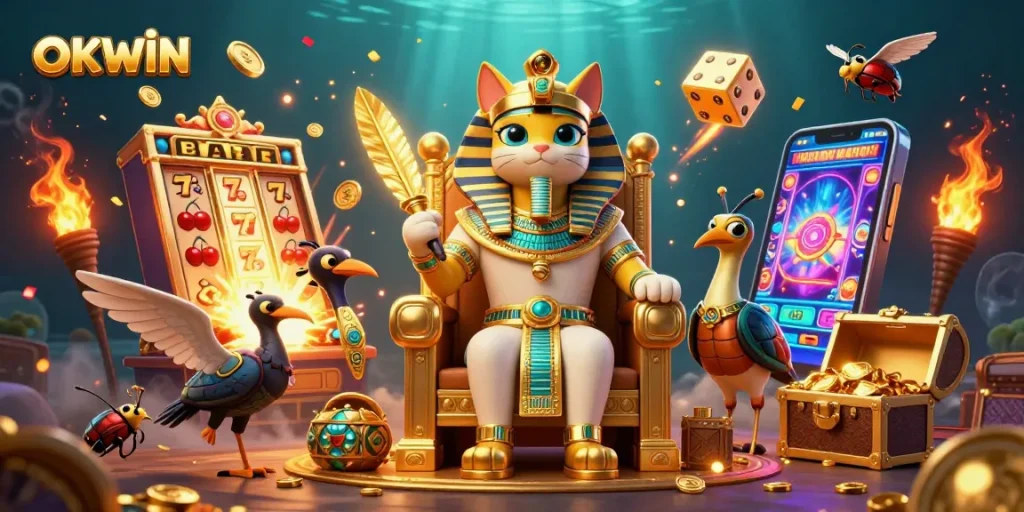 Experience winning at OKWIN with an ultra-detailed 3D casino illustration showcasing vibrant scenes of jackpot excitement.