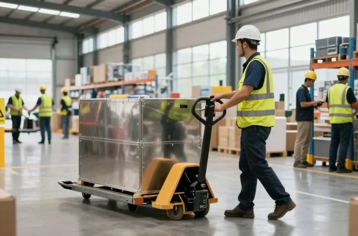 Operator using a pallet truck manual stainless steel in a busy warehouse.