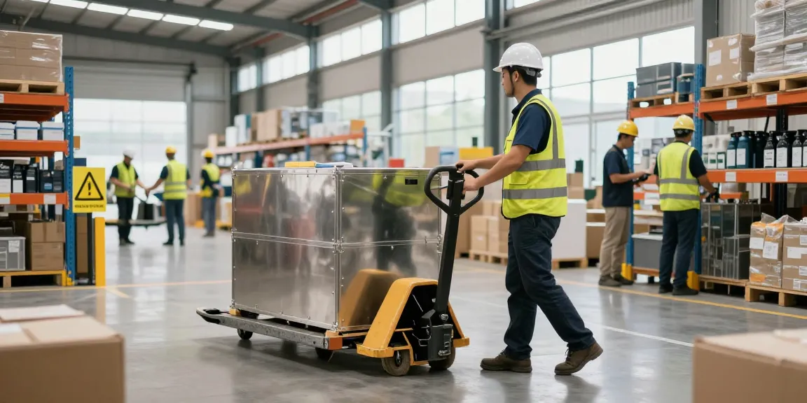 Operator using a pallet truck manual stainless steel in a busy warehouse.