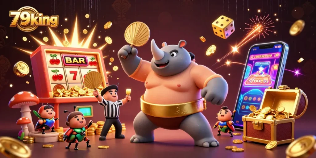79king players revel in wins with a dynamic casino-themed 3D illustration of beetle and games.