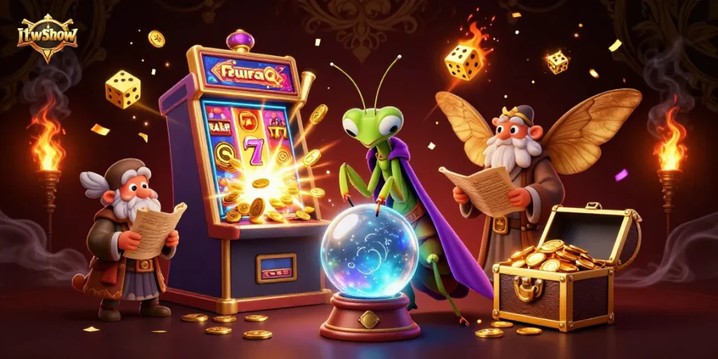 Experience the thrills of itwshow with a dynamic scene featuring fortune teller characters and casino games.