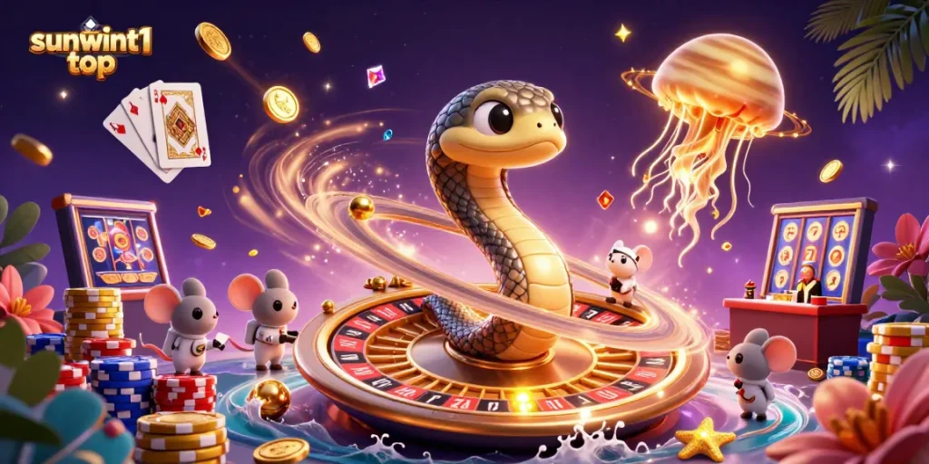 Experience cosmic gaming with astronauts at sunwint1 top, spinning slots and roulette elements in a vibrant scene.