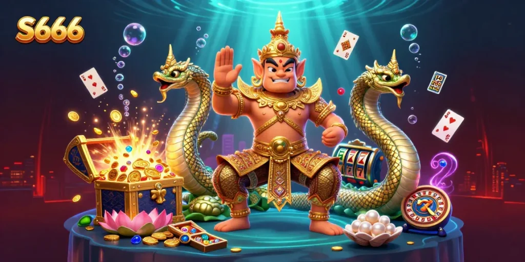 S666 provides a vibrant casino scene featuring the friendly yaksha guardian and gaming treasures.