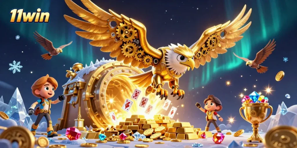 11win showcases a cybernetic golden eagle diving through holographic cards in a rich casino scene.