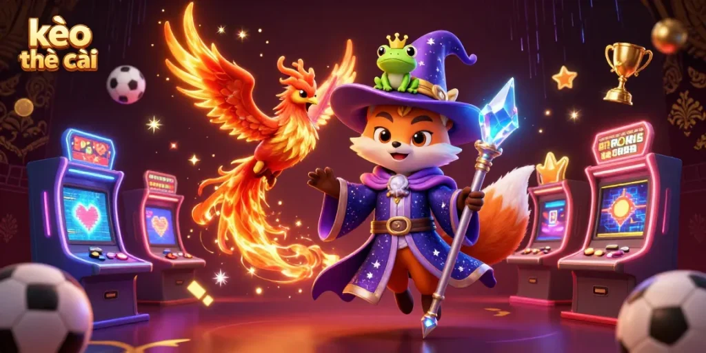 Experience kèo nhà cái excitement with a mystical fox and phoenix amidst vibrant sports betting elements.