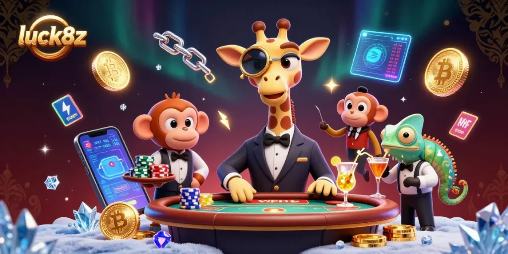 Experience luck8z with a high-roller giraffe at a VIP poker table amid neon cryptocurrencies.