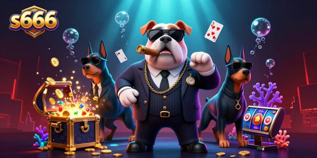 Spin the reels at s666 with a mafia bulldog and his Doberman bodyguards in a vibrant casino scene.